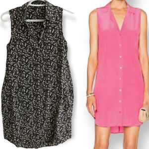 Theory Walvan Silk Sleeveless Shirt Dress With Pockets Size 0 Black Brown Cream